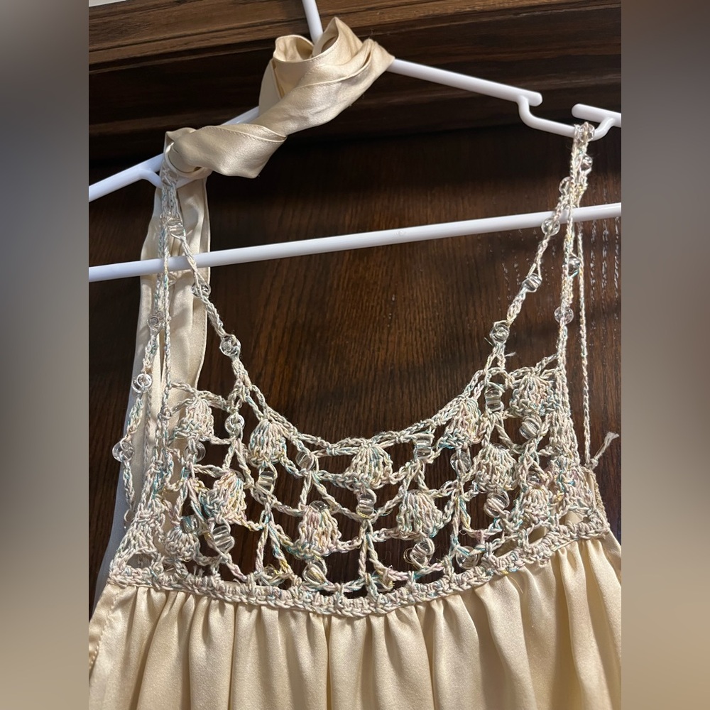 To the Max-tank blouse/tie waist/beige silk beaded rope straps/front. W size 10. - Picture 2 of 10